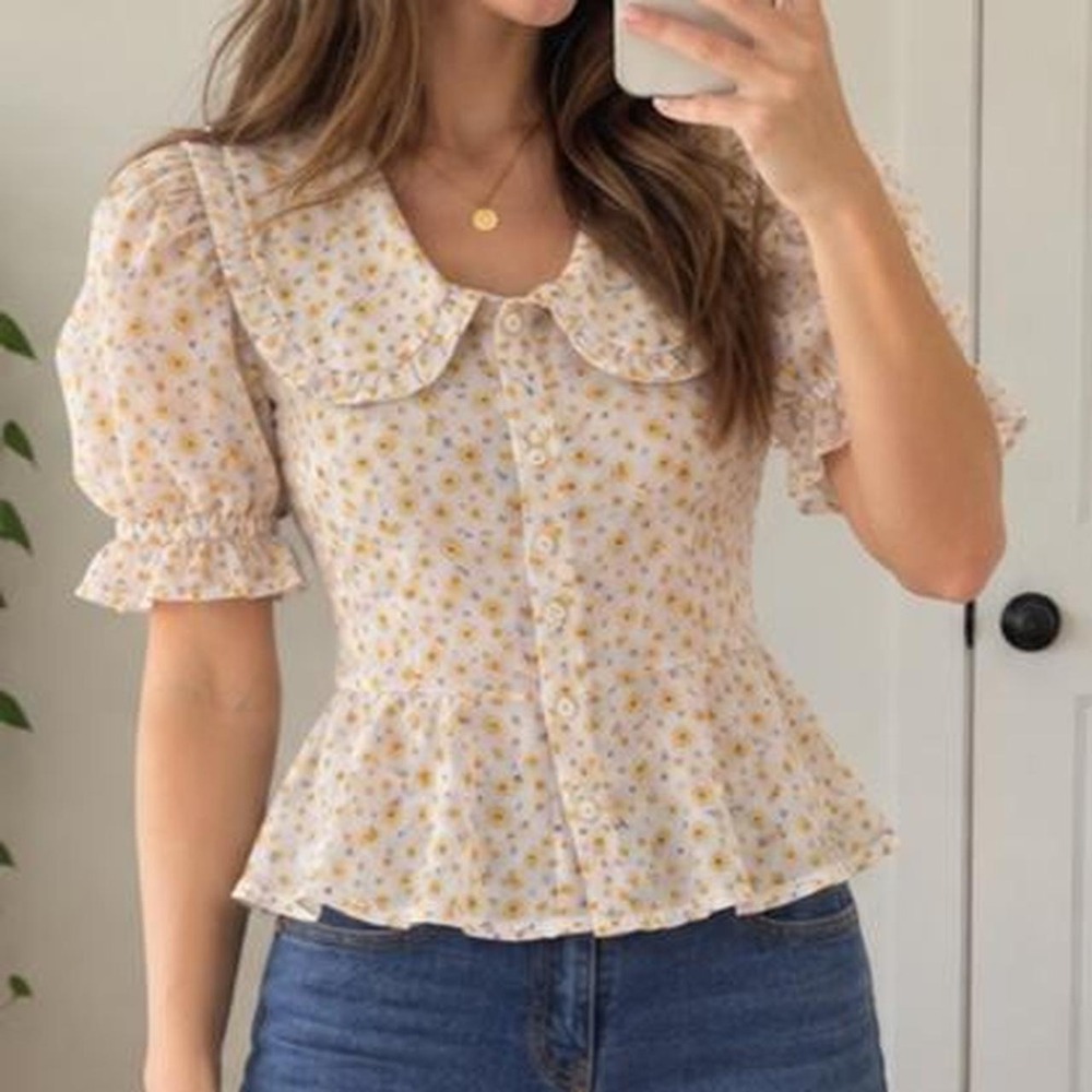 Cottagecore Prairie Floral Top Womens M Cotton Peplum Peter Pan Collar Feminine
